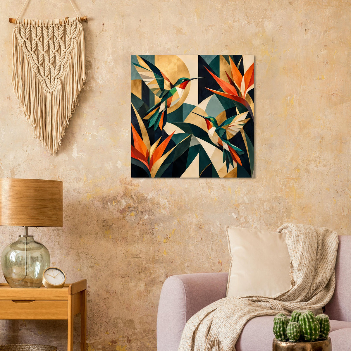 Quadratischer Kunstdruck: geometrische Kolibris mit kräftigen Farben in Juwel-Tönen