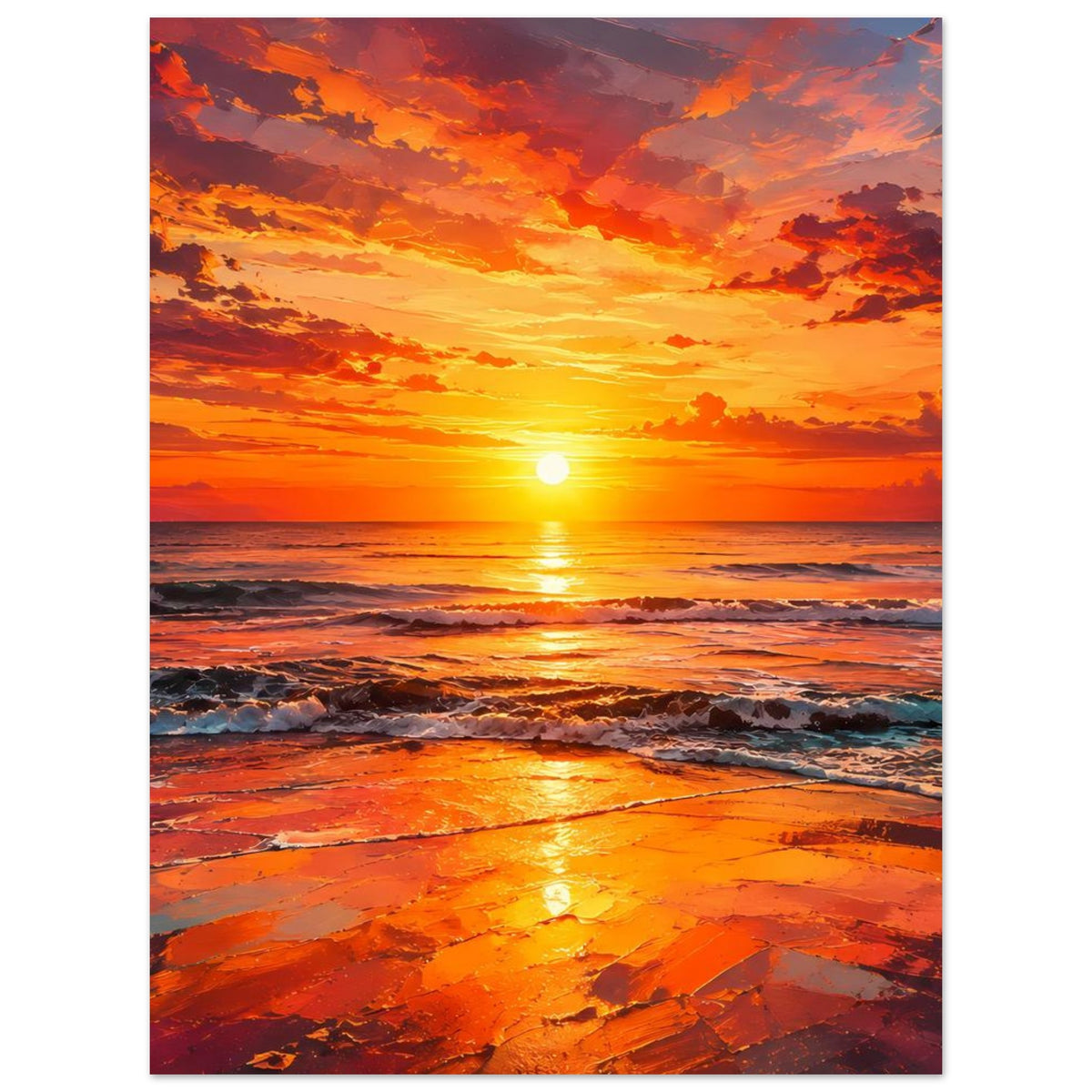Vertikales Poster mit Sonnenuntergang am Meer: Sonnenstrahlen auf dem Wasser, rote-orange Wolken