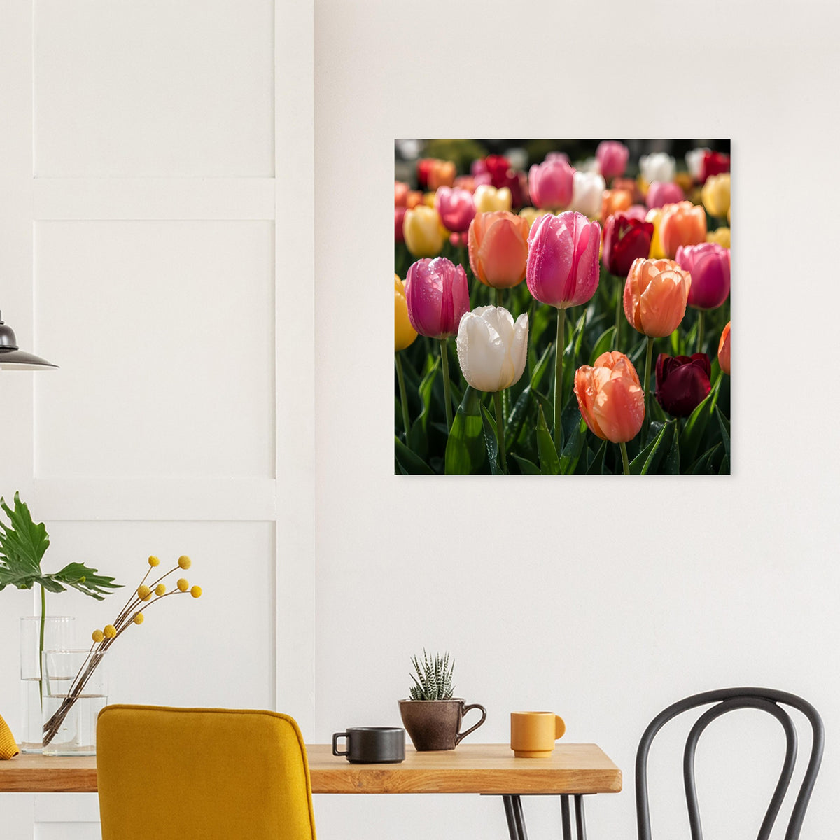 Quadratisches Tulpen-Poster mit schwarzem Rand, viele Tulpen in Rot-, Pink- und Orangetönen