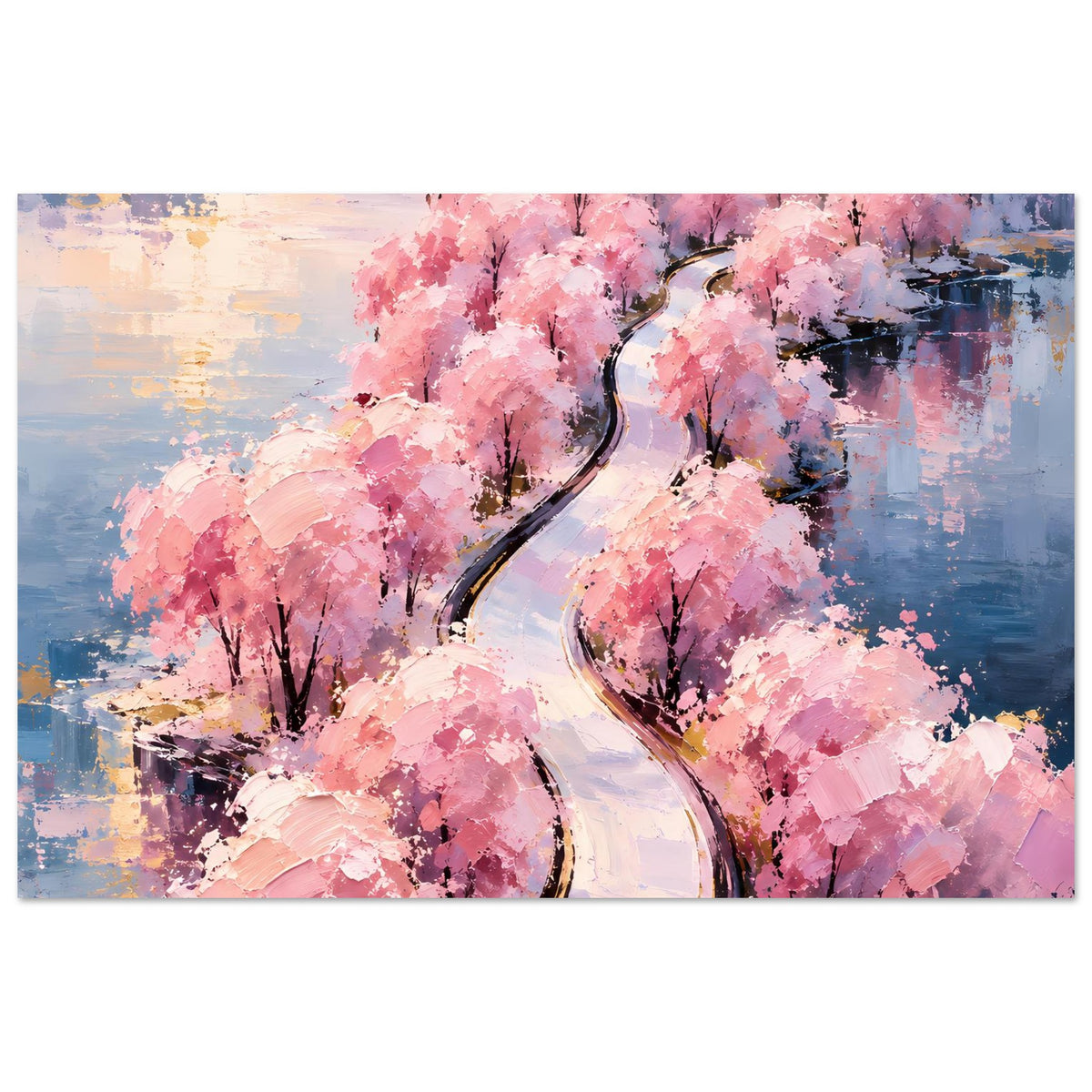 Poster im Querformat mit rosa Blütenbäumen, geschwungenem Weg und Wasser
