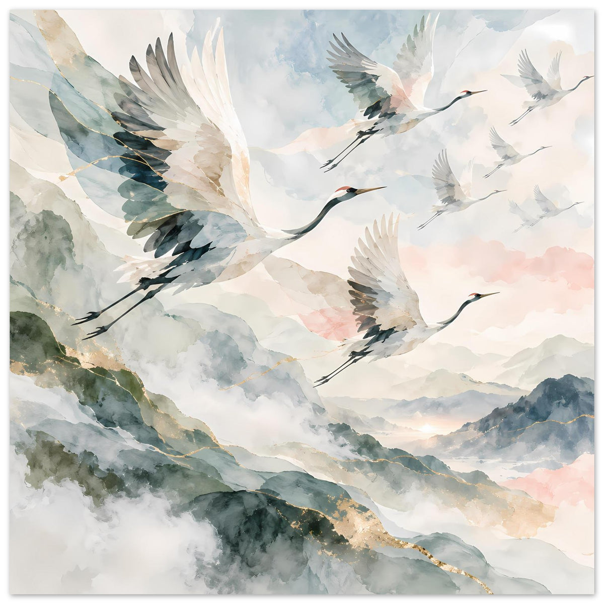 Poster mit fliegenden Kranichen in Aquarell, sanfte Berge und Goldakzent am Grat