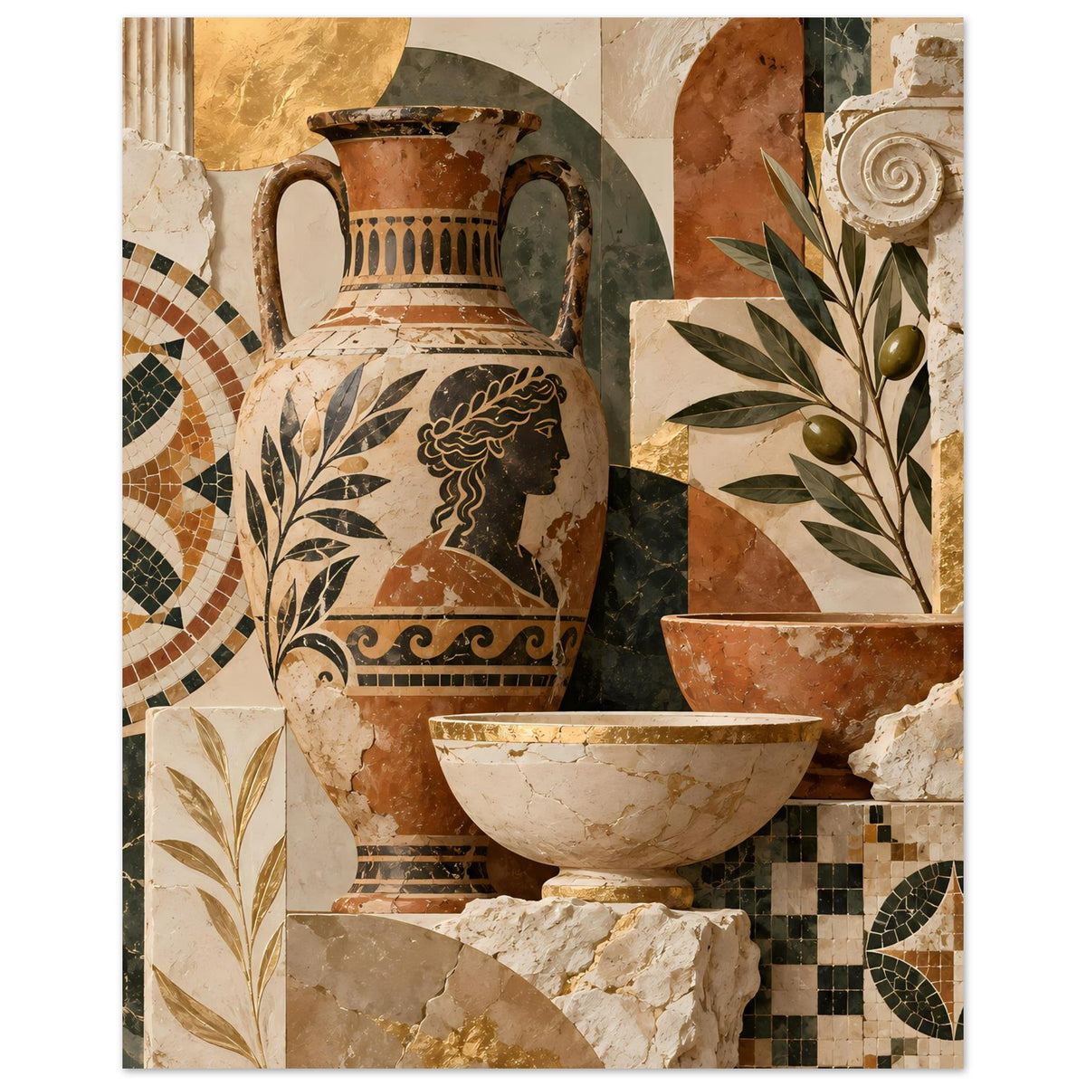 Mediterranes Mosaikposter: Vase mit Ornamentband, Schale und Blattzweige, erdig