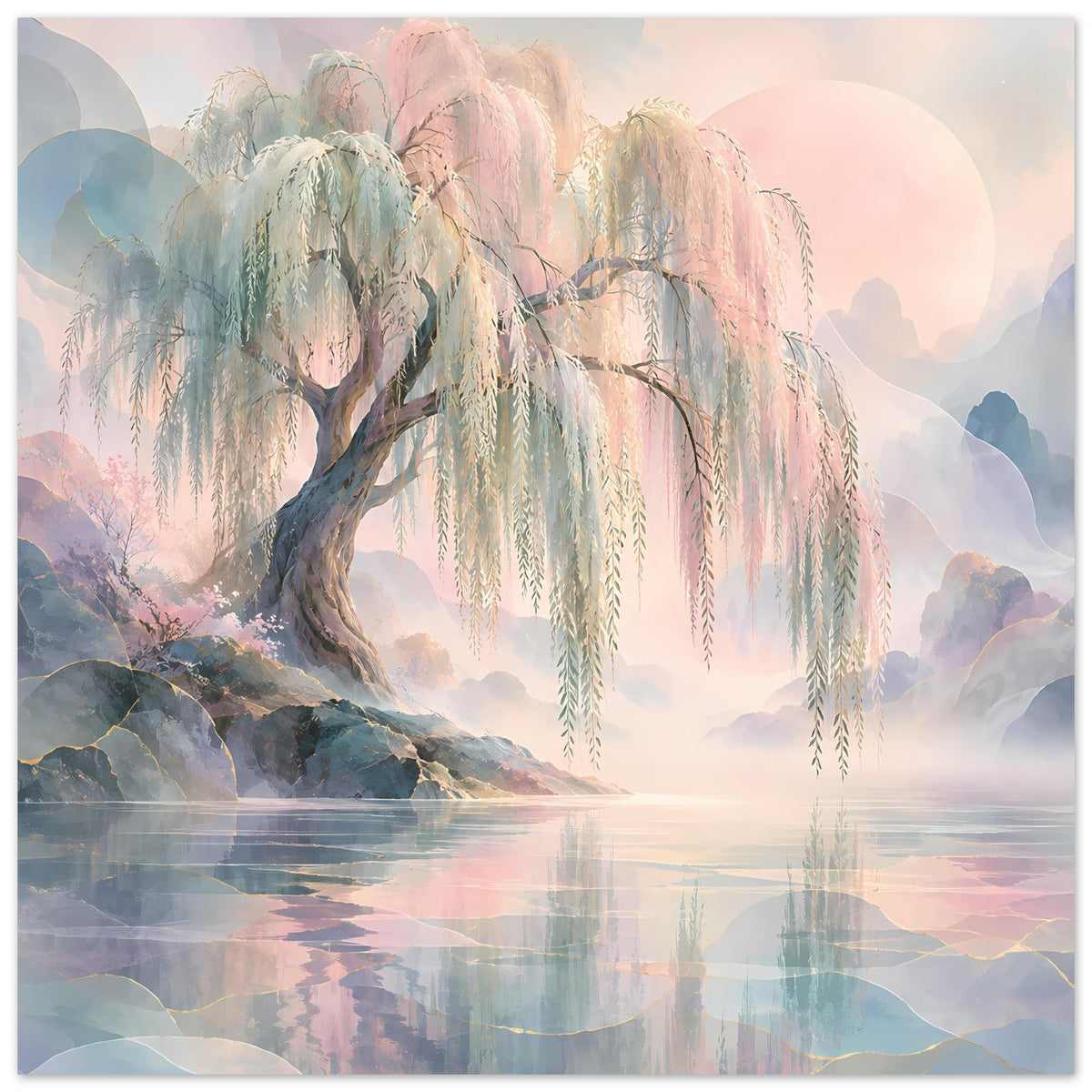 Naturposter mit Trauerweide am See, lange herabhängende Äste, Pastellhimmel, Querformat