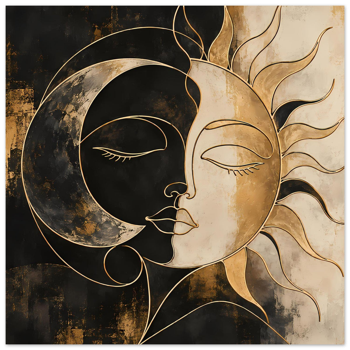 Kunstposter im Yin-Yang-Look: Mondgesicht links, Sonnenkopf rechts, goldene Linien und Kreise