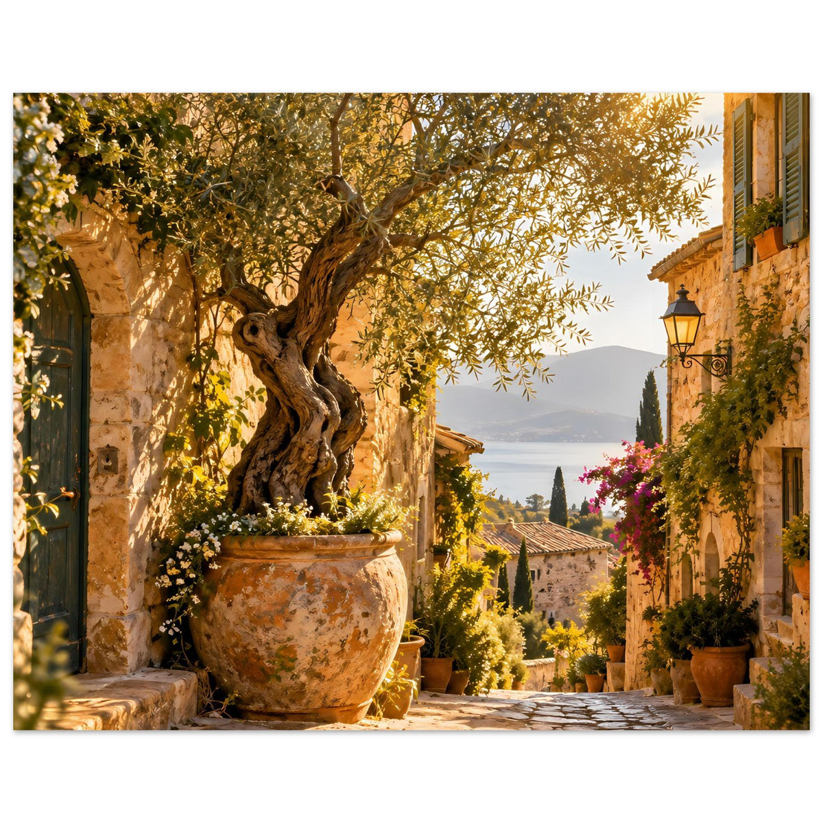 Querformat-Poster: Olivenbaum im Topf, mediterrane Häuser und Laterne an rechter Seite