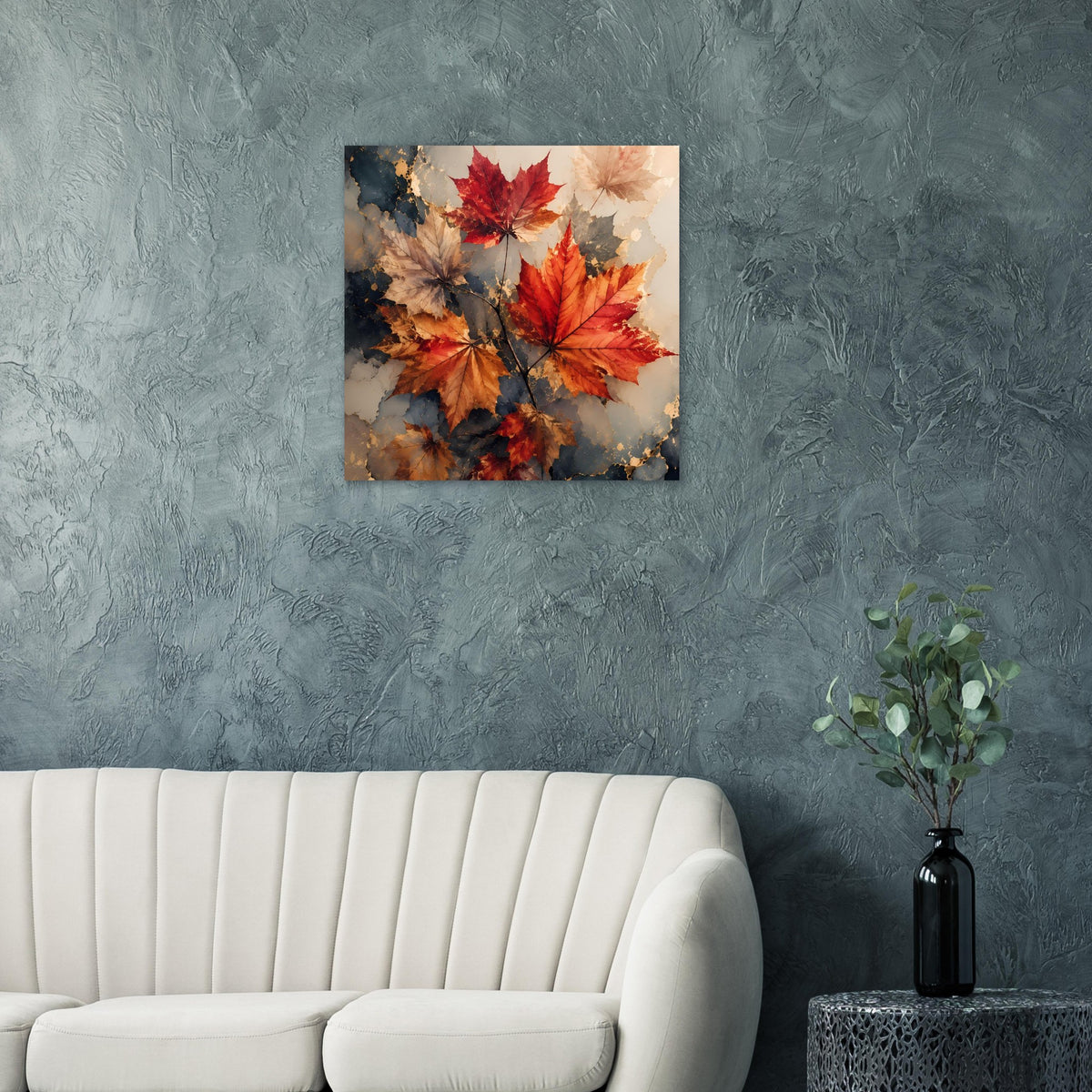Quadratisches Herbstposter mit roten Ahornblättern und dunklen Zweigen, abstrakt