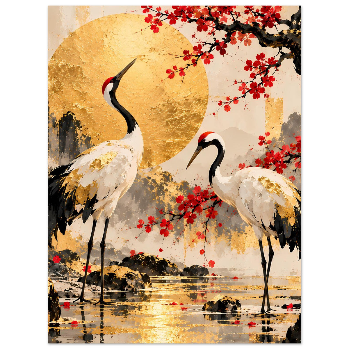Poster mit Kranichpaar, goldener Mondfläche, roten Kirschblüten und Spiegelung im Wasser