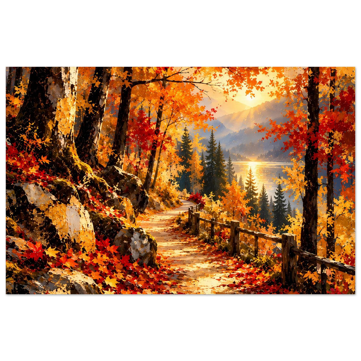 Herbstliches Wanderweg-Poster, Querformat mit Herbstlaub am Weg und Zaun entlang