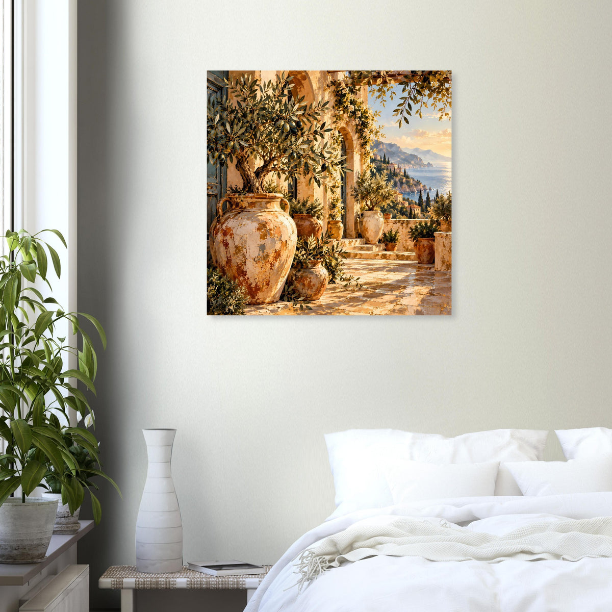 Mediterranes Wandposter mit Terrakotta-Krügen, Baumkronen und Aussicht über die Terrasse.