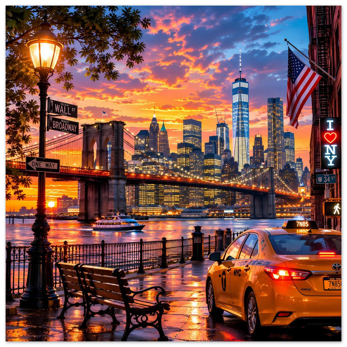 Stadtposter mit New-York-Skyline bei Sonnenuntergang, gelbes Taxi, Brücke und Laternen