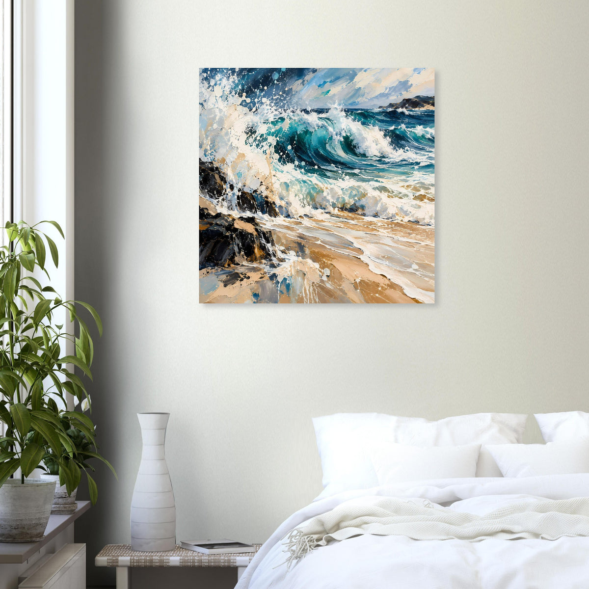 Meerwellen-Kunstposter mit dramatischer Welle und Sandstrand, quadratisch, blau-beige