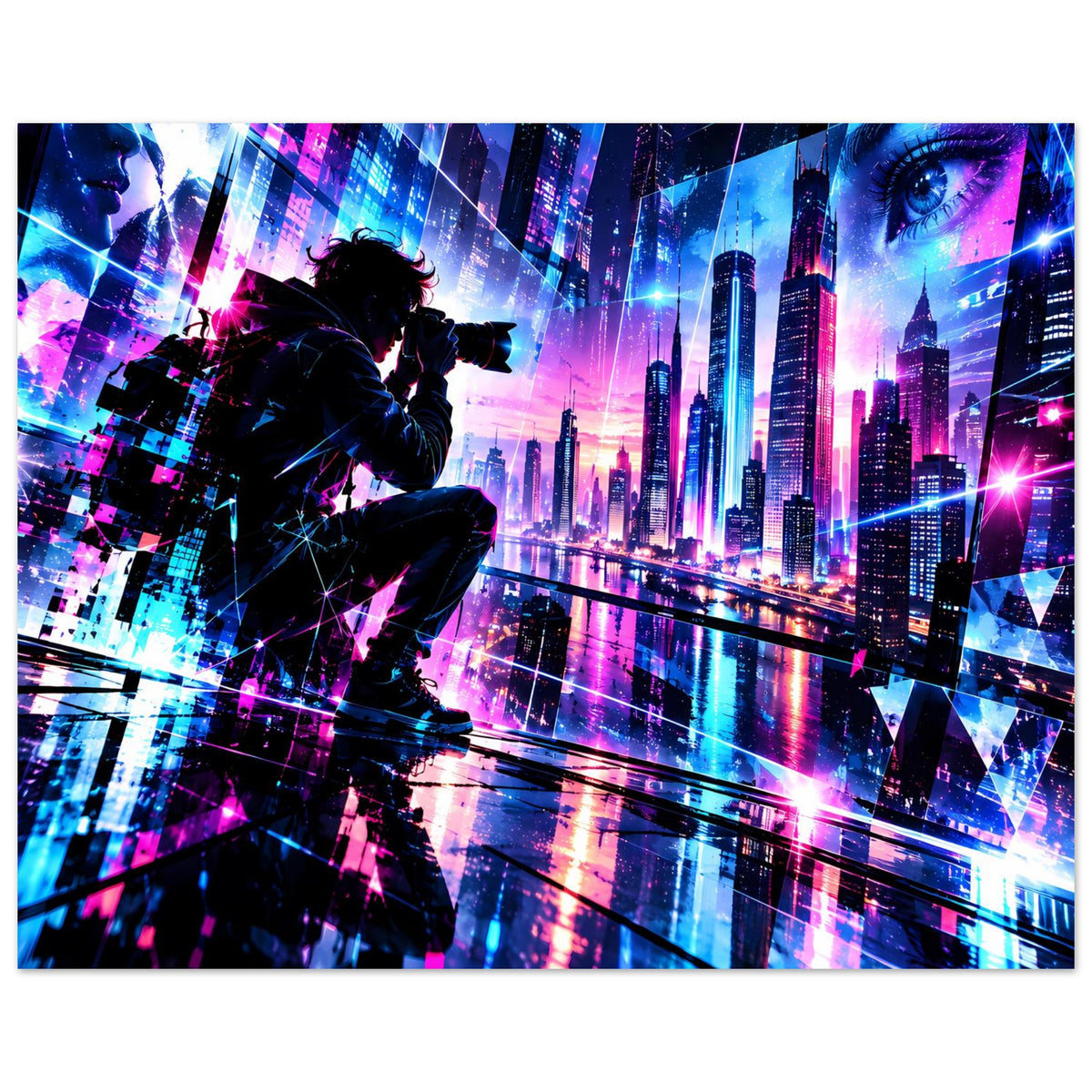 Cyberpunk-Stadtposter mit Schützen-Silhouette und Neon-Skyline in Blau, Pink und Lila