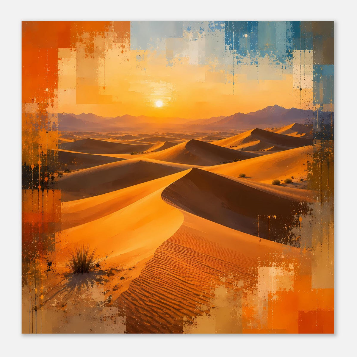 Wüstenlandschafts-Poster im Quadratformat: warmes Wüstenszenario mit Sonnenaufgang und Dünen