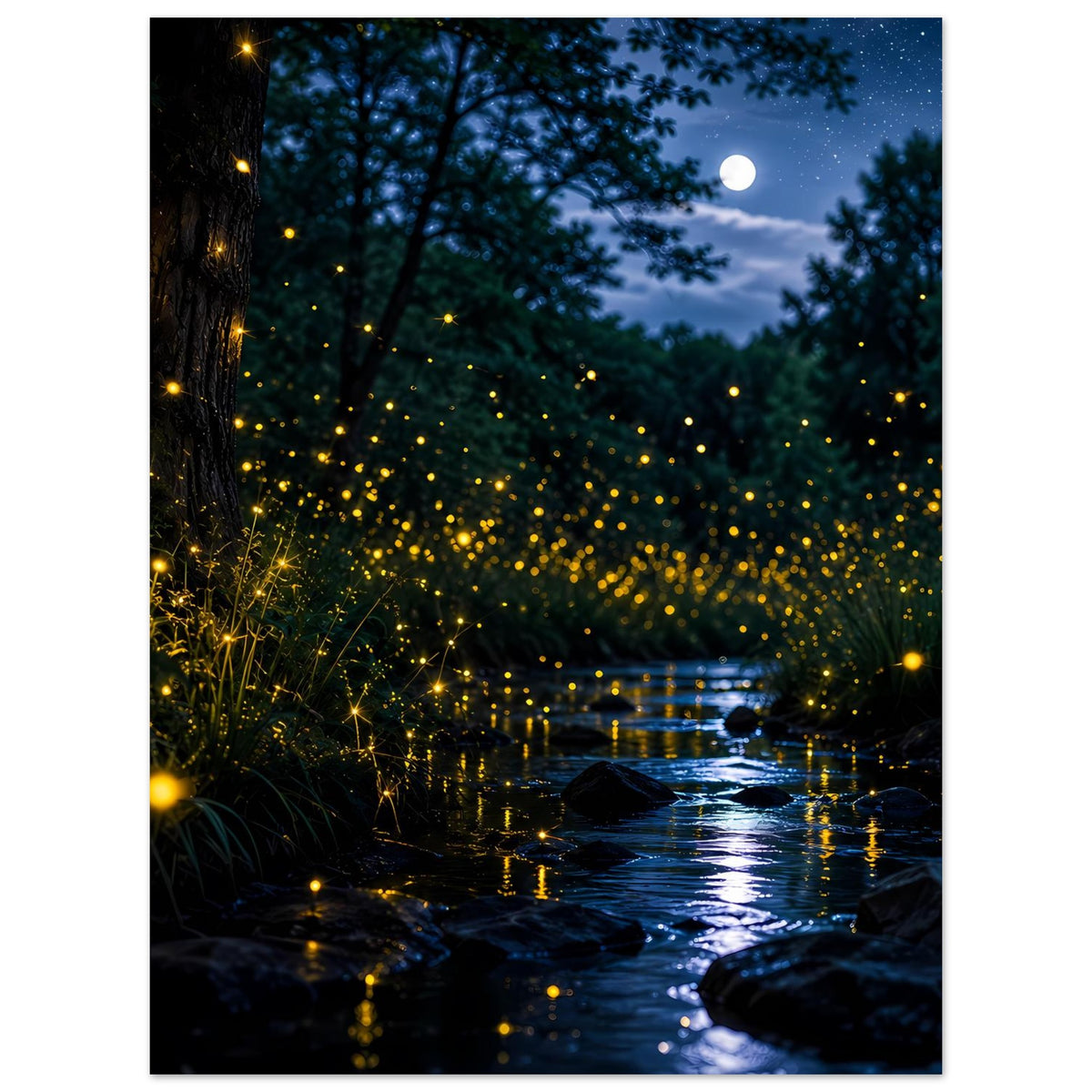Leuchtendes Feuerfliegenposter mit steinigem Flussufer, Mondlicht und goldenen Lichtpunkten