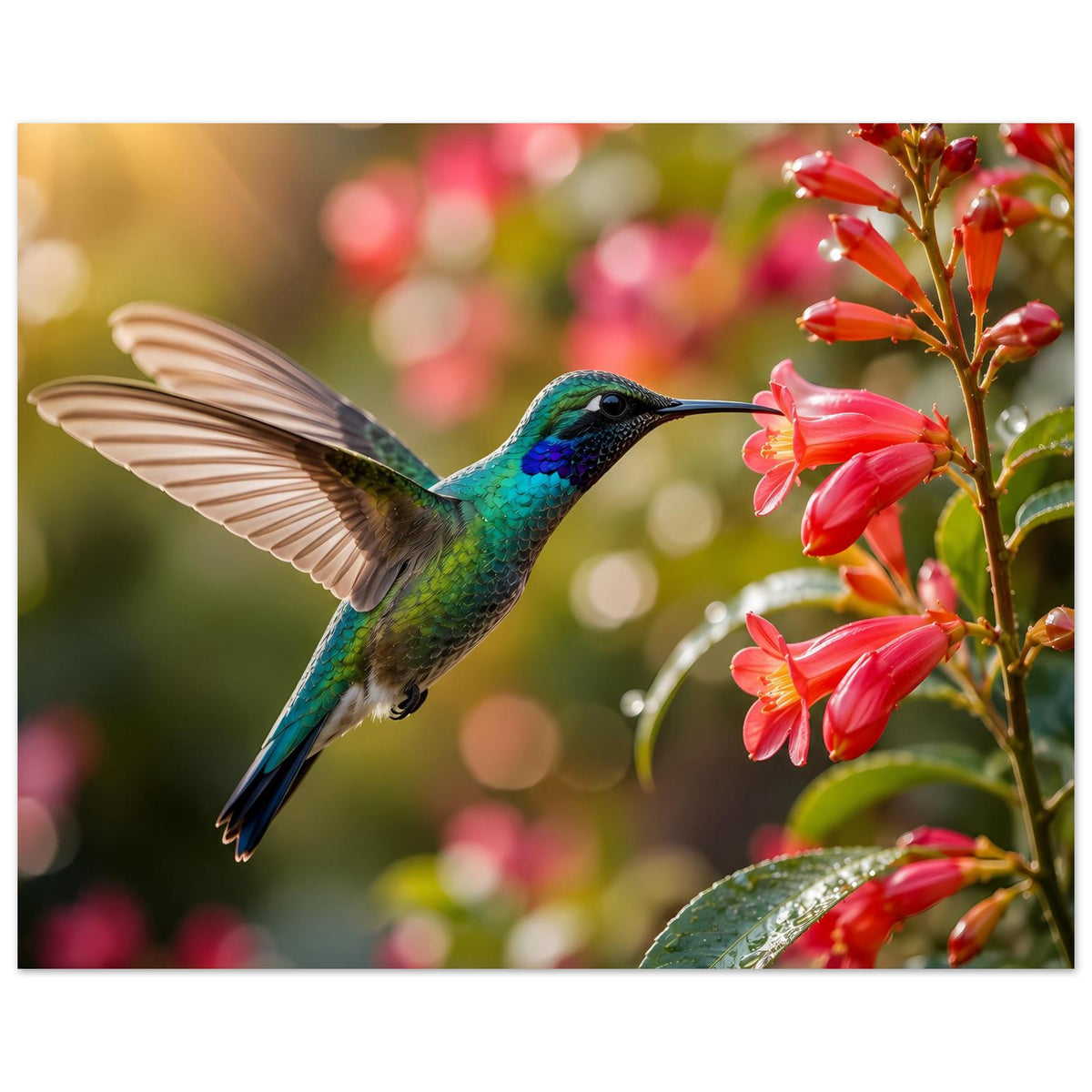 Querformatiges Poster: Kolibri im Flug vor roten Blüten an einem grünen Zweig