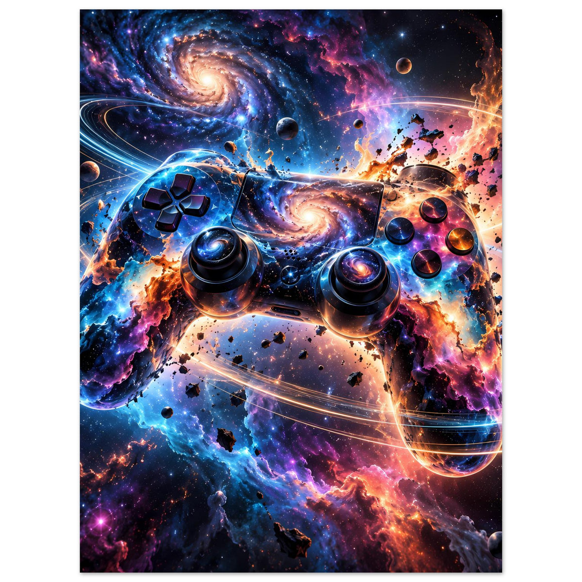 Gaming-Controller-Poster im Hochformat mit galaktischer Grafik und orange-blauen Effekten