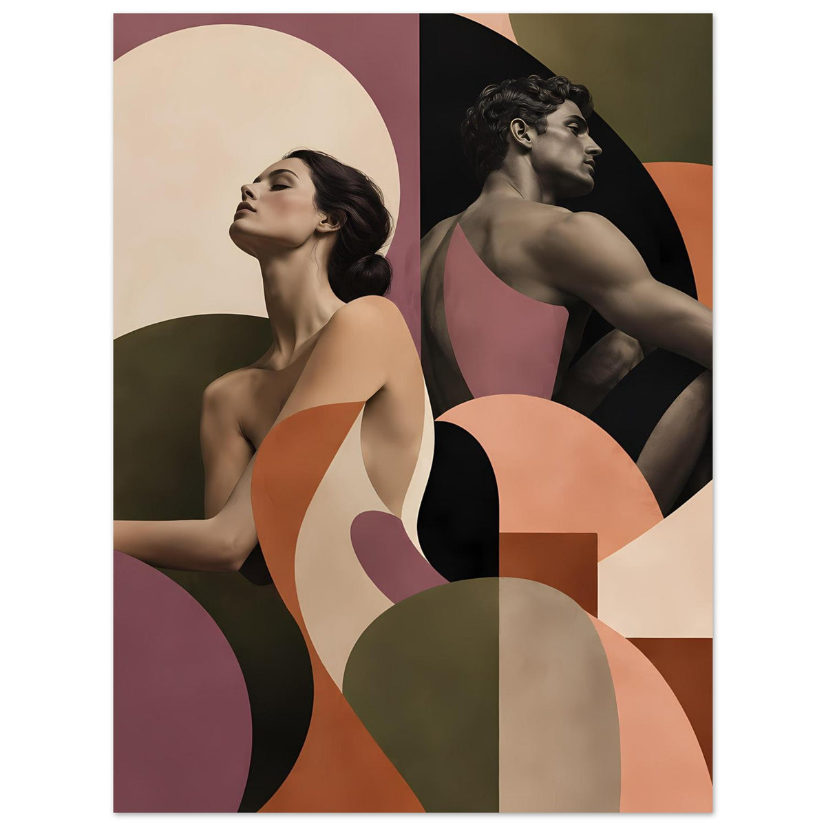 Figurenposter im Hochformat mit zwei Frauenporträts, abstrakte Formen in Terrakotta und Mauve.