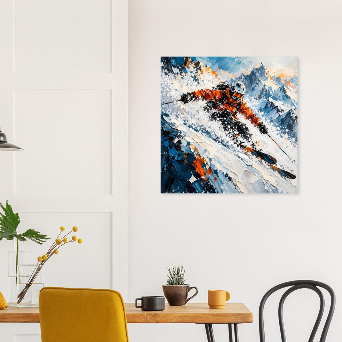 Poster mit orangefarbenem Skifahrer, blauen Schneekaskaden und dynamischer Abfahrt