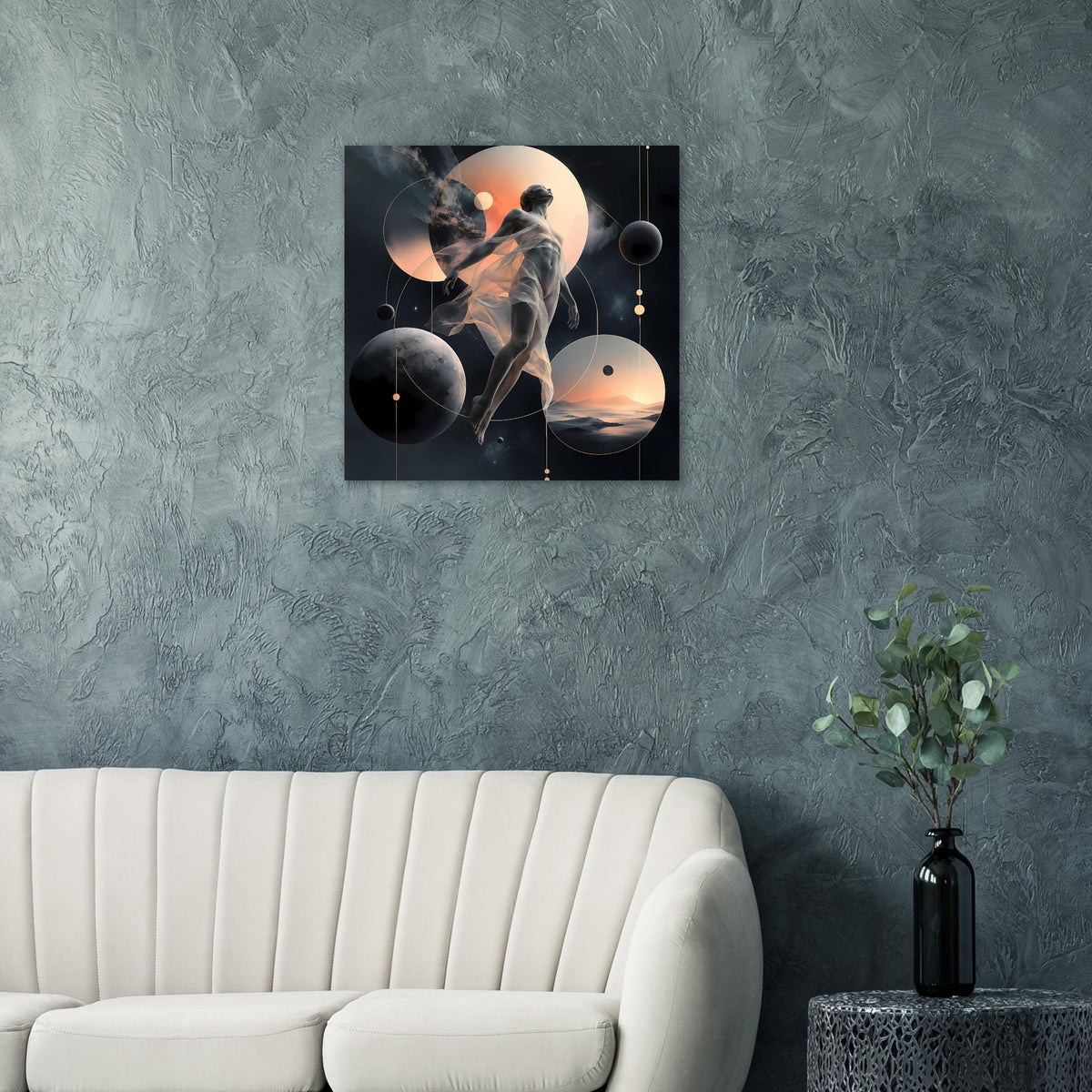 Quadratisches Poster im schwarzen Rahmen mit abstrakter Figur, Monden und Planeten in Dunkelblau