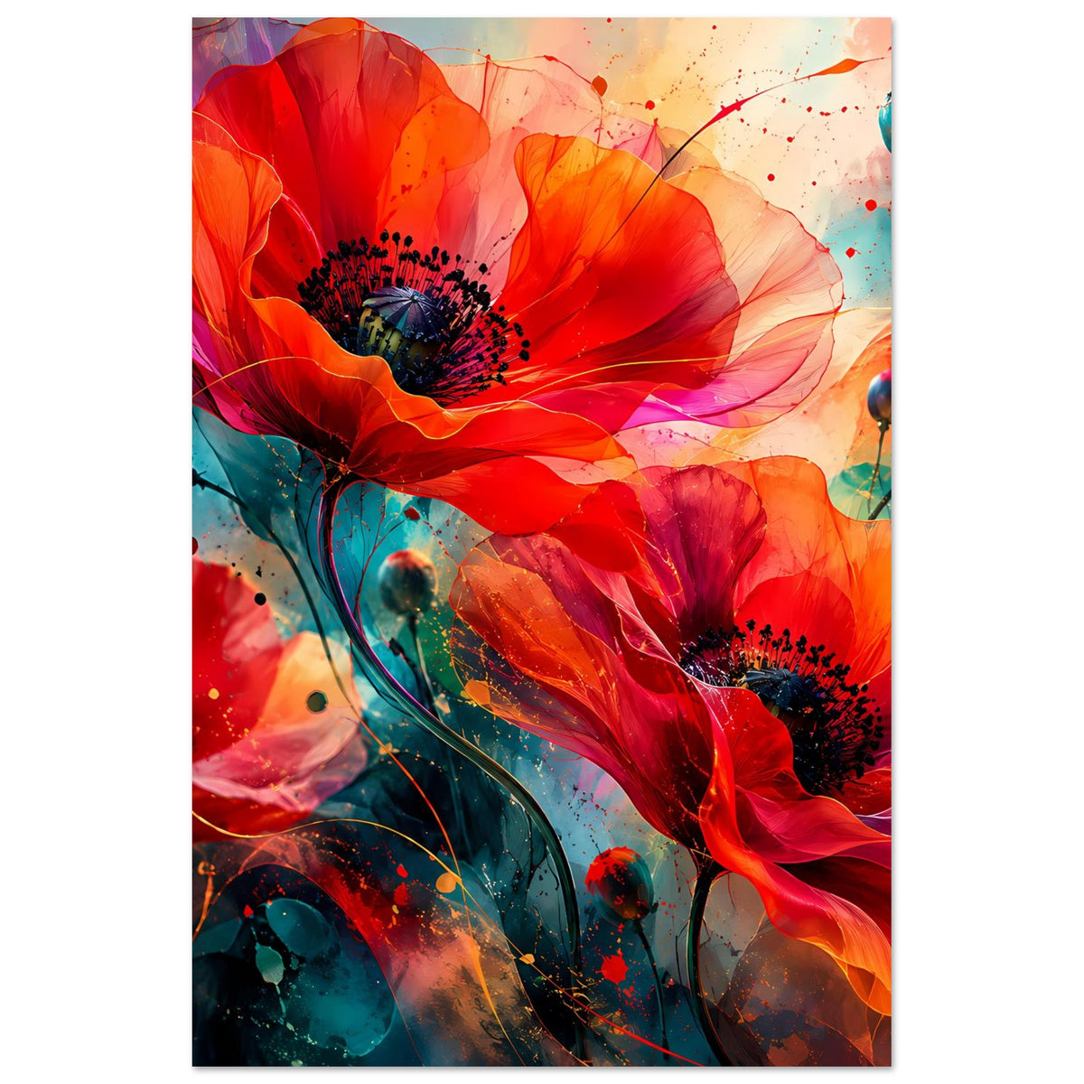 Vertikales Blumen-Artposter mit roten Orangenblüten, blauem Sprenkeldetail und dunklen Punkten