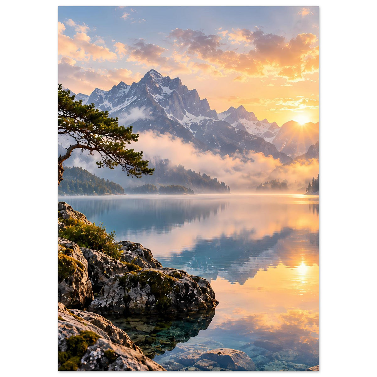 Hochformat-Poster mit Sonnenaufgang über Bergen, Seeoberfläche und felsigem Ufer