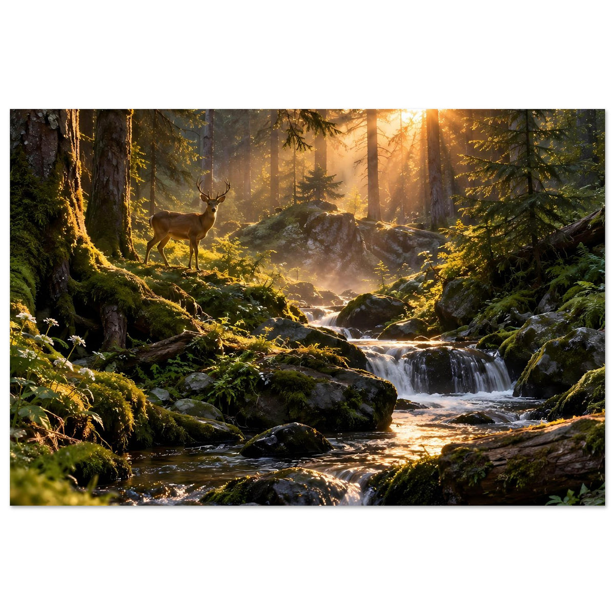 Wandposter mit Waldlandschaft, fließendem Bach und Reh im goldenen Morgenlicht, Querformat