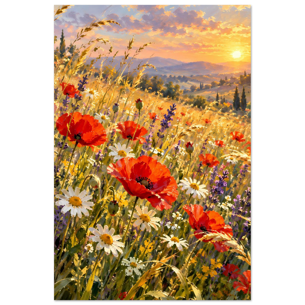 Hochformat-Poster mit Wildblumenfeld, roten Mohnblüten und goldgelbem Sonnenuntergang