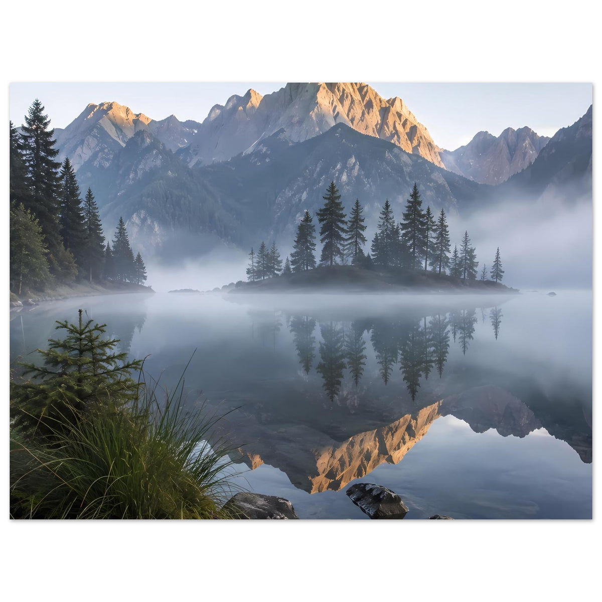 Poster mit Gipfelspiegelung im Bergsee, Morgennebel und warm beleuchteten Felsbergen