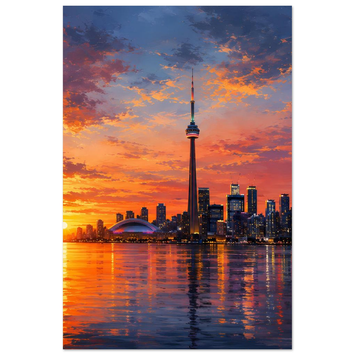 Hochkant-Poster der Stadtsilhouette mit CN Tower, orangefarbenem Himmel und Reflexionen