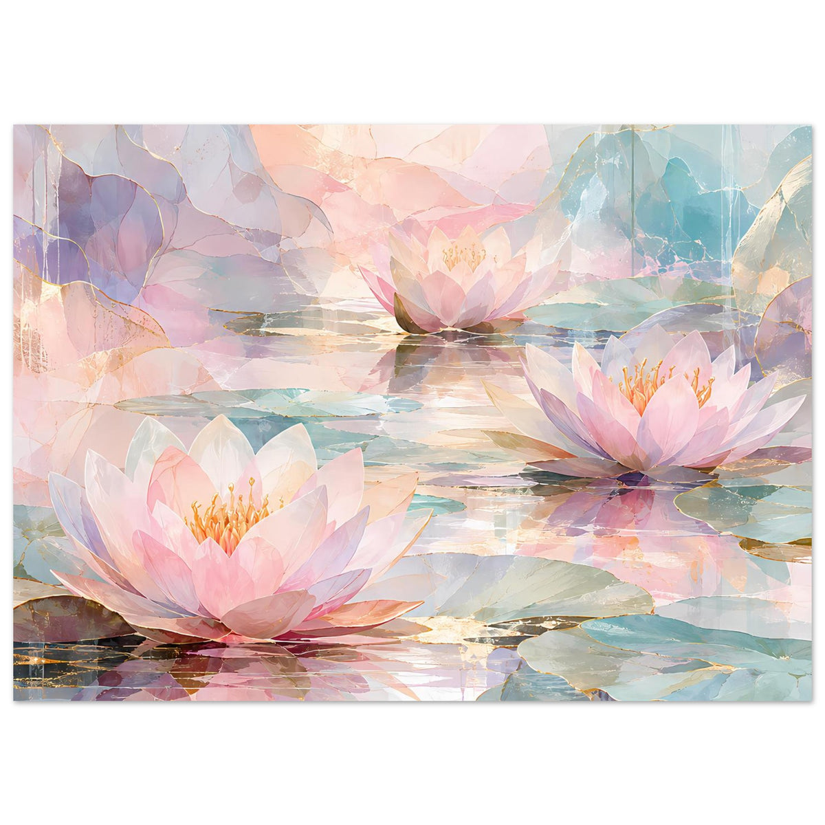 Horizontales Florales Poster: mehrere Seerosen auf Wasser, Pastell-Design mit Lichtreflexen