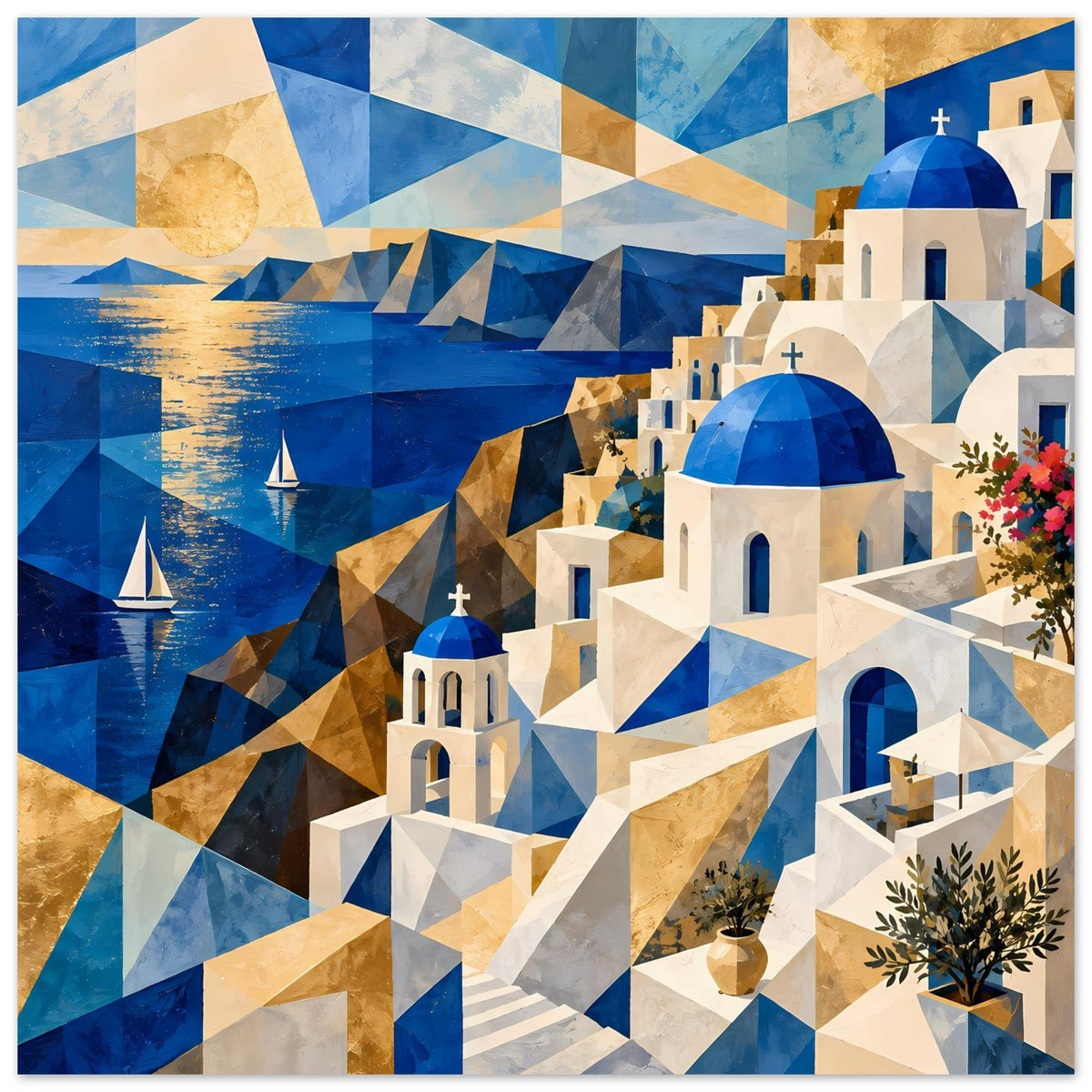 Nahansicht auf Poster-Motiv: geometrisches Blau-Gold, weiße Häuser mit blauen Kuppeln und Blumenrand