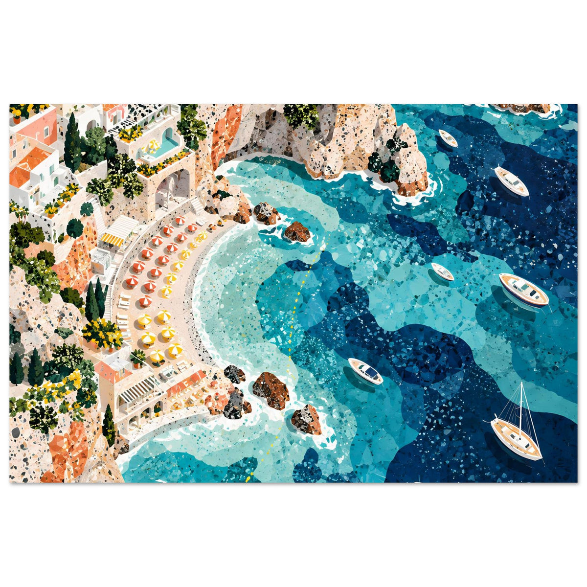 Mediterrane Küstenlandschaft mit Villen, sonnigen Felsklippen und türkisblauem Meer in Mosaikoptik – Posteransicht 25
