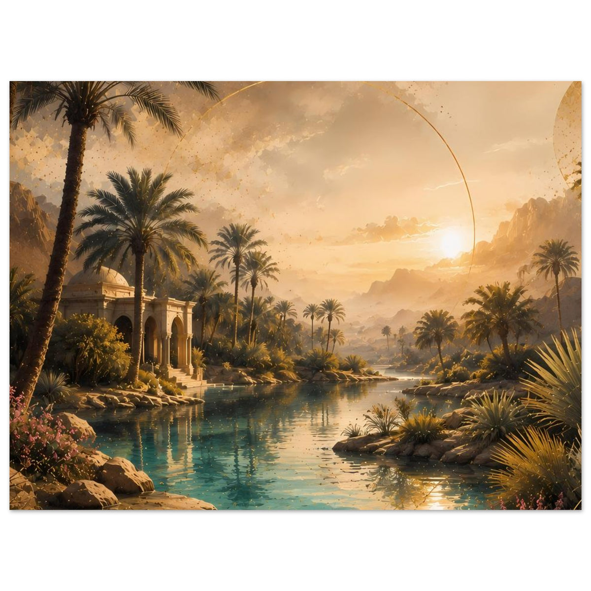 Poster mit Dschungel-Fluss: Palmen, orientalische Arkaden am Ufer und goldener Sonnenbogen