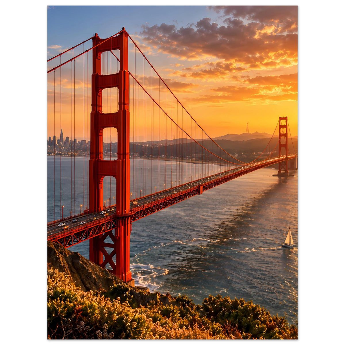 Vertikales Poster mit roter Hängebrücke, Sonnenuntergang über dem Wasser und braunem Strand