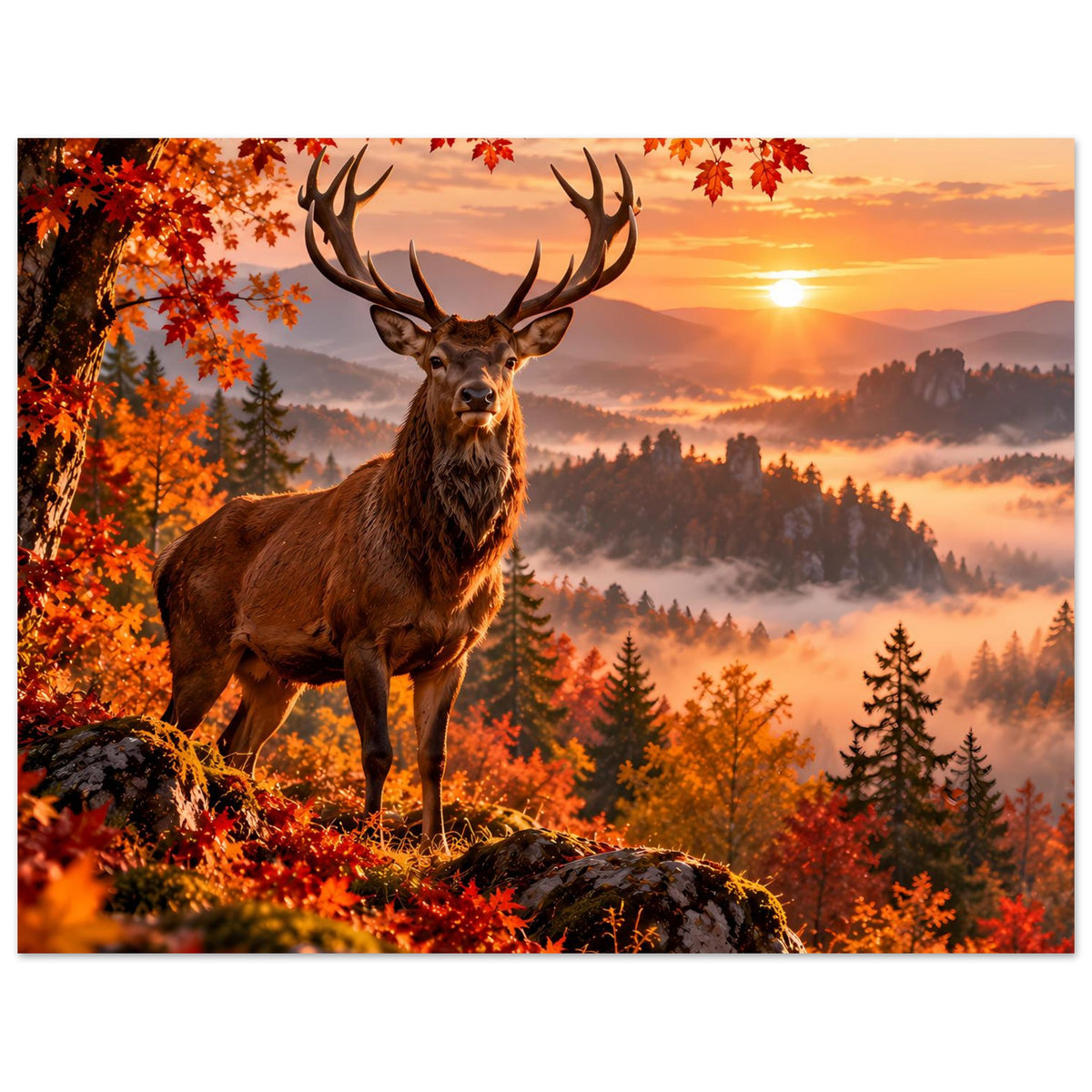 Hirsch-Poster: Geweihhirsch im Herbstwald, orangefarbene Blätter und Sonnenuntergang, horizontal