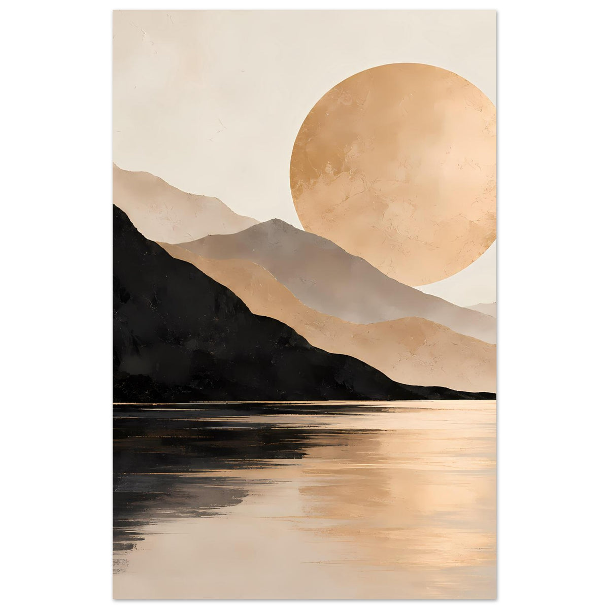 Poster im Hochformat mit Berglandschaft, See und großer goldener Sonne im Kreis.