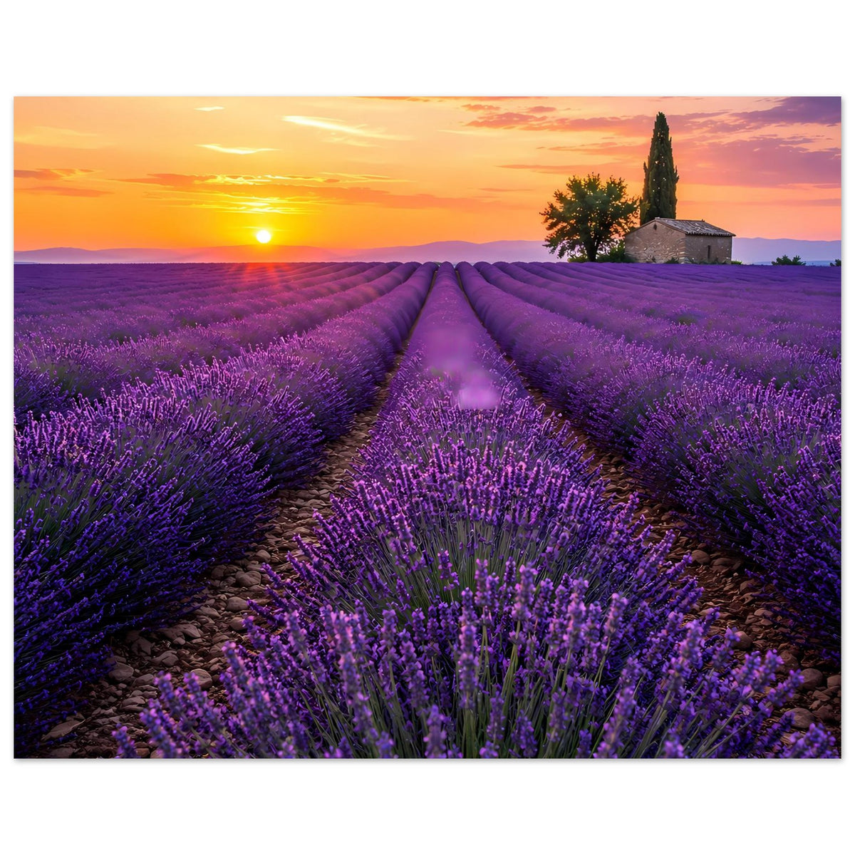 Querformat-Lavendelfeld-Poster mit Sonnenuntergang, violetten Reihen und mittigem Feldweg