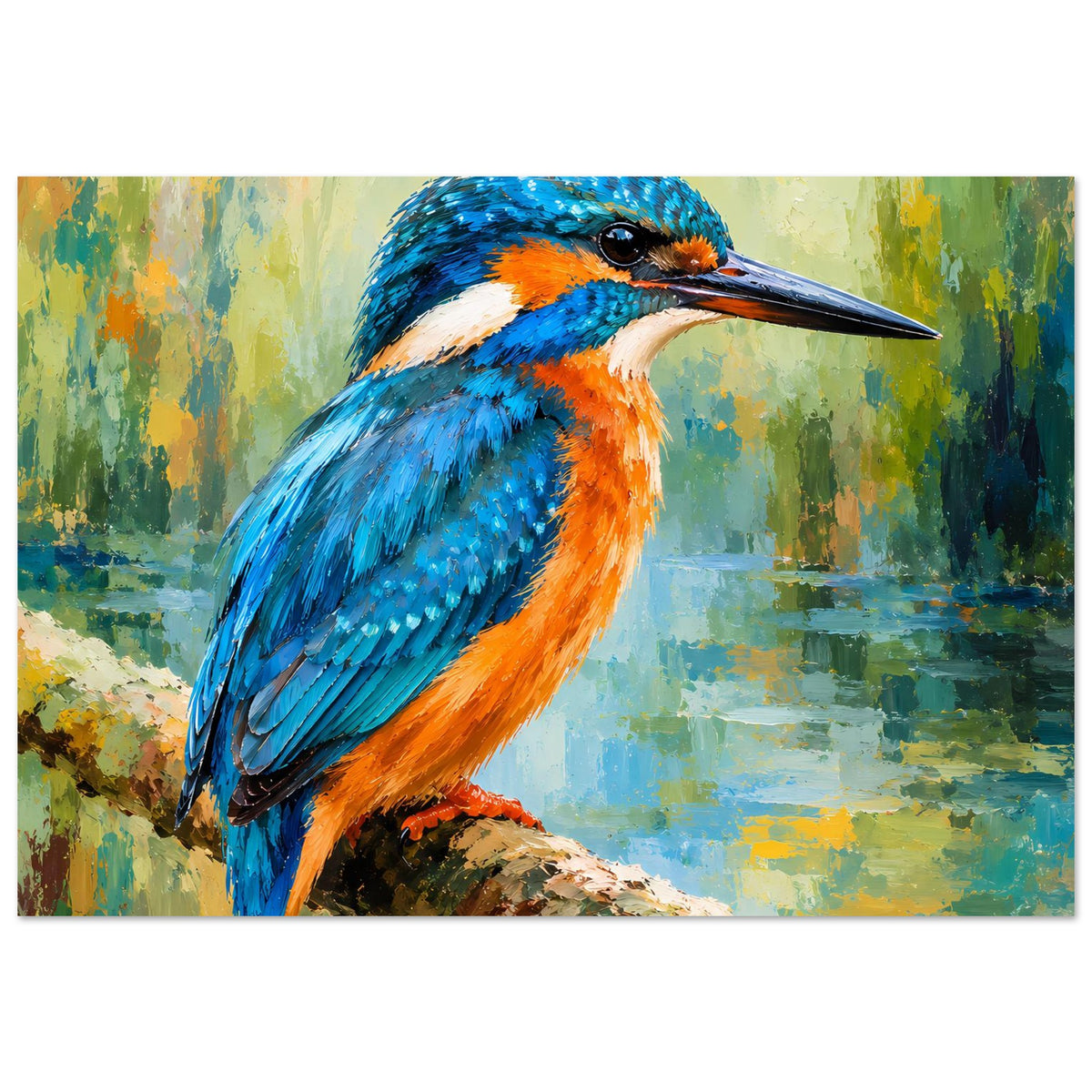 Poster mit Eisvogel auf Ast, lebendige blaue und orange Akzente, Blick nach rechts