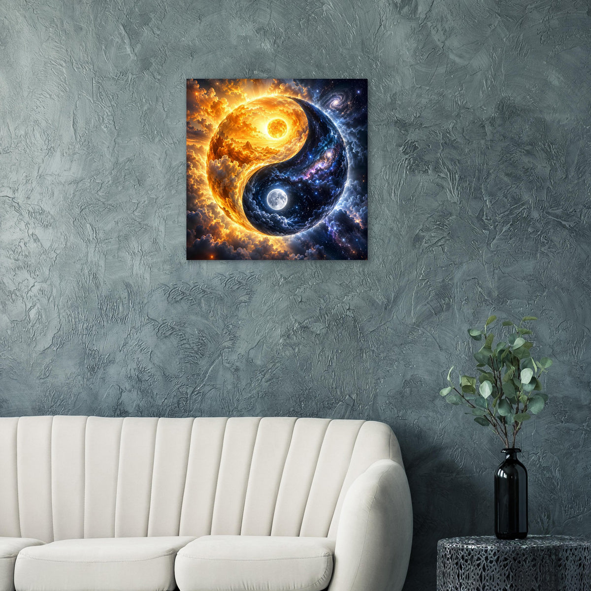Gerahmter Artprint mit Yin-Yang im Weltraumlook: goldene und blaue Galaxienhälften