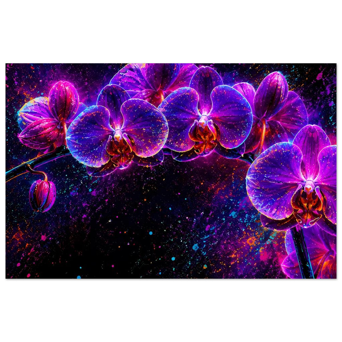 Neon-Orchideen-Poster im Querformat: große lila und pink leuchtende Orchideen vor Glitzerhintergrund