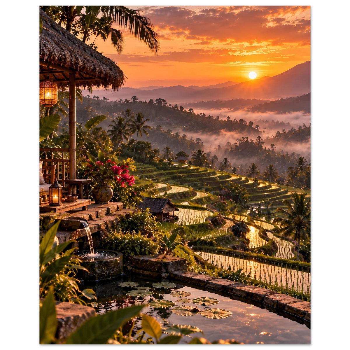 Poster mit Bali-Reisterrassen, Lodge auf Holzpodest und Palmen im Sonnenuntergang