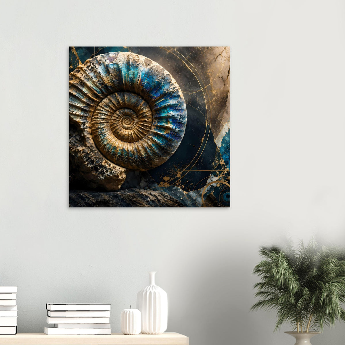 Quadratisches Kunstposter mit spiraligem Ammonit in Petrolblau und Gold auf dunklem Grund
