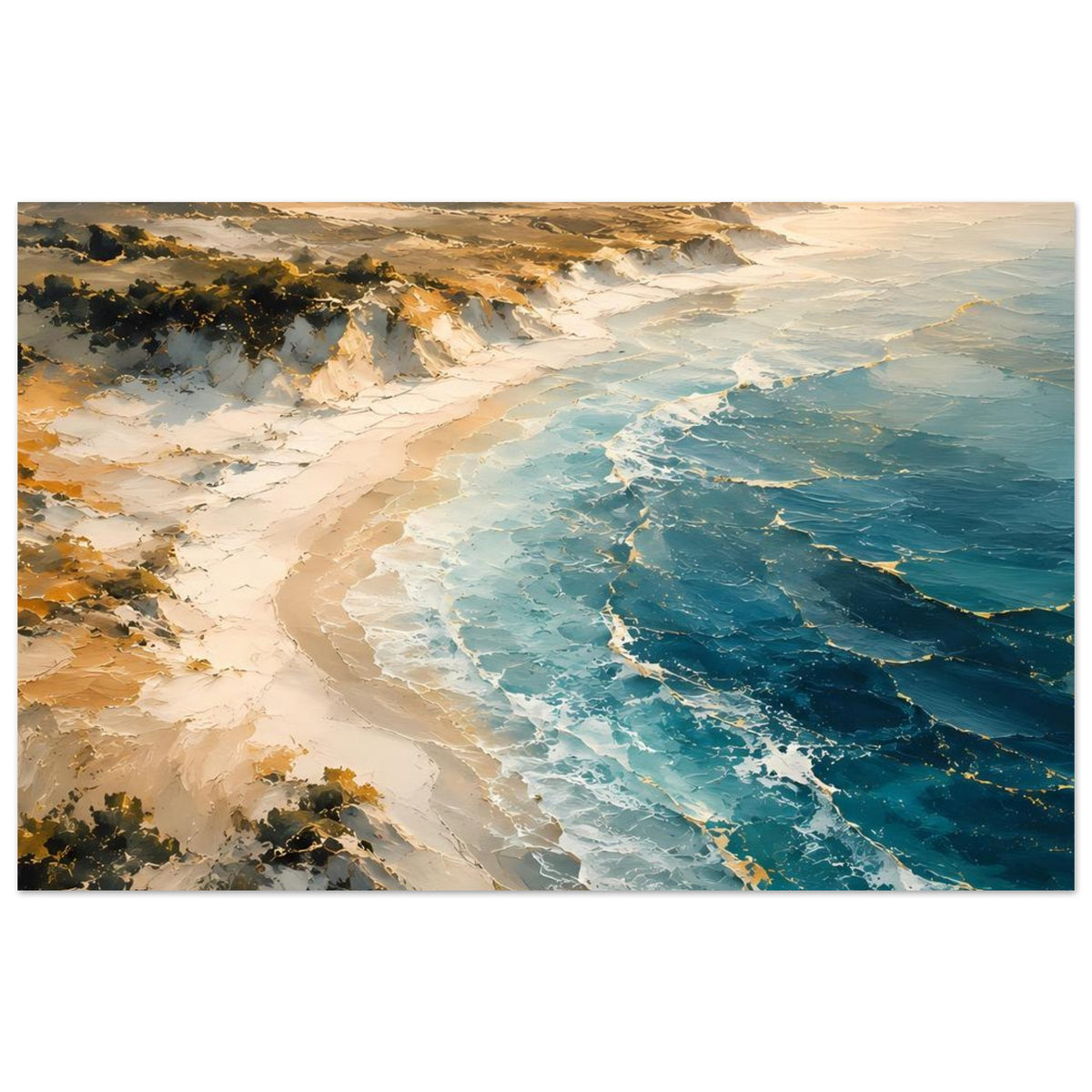 Horizontales Poster mit türkisblauem Meer, Sandstrand und breiten Wellenlinien