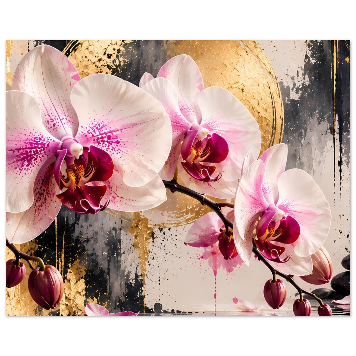 Poster mit weißen Orchideen und pinken Blütenzentren, goldener Kreis und dunkle Sprenkel