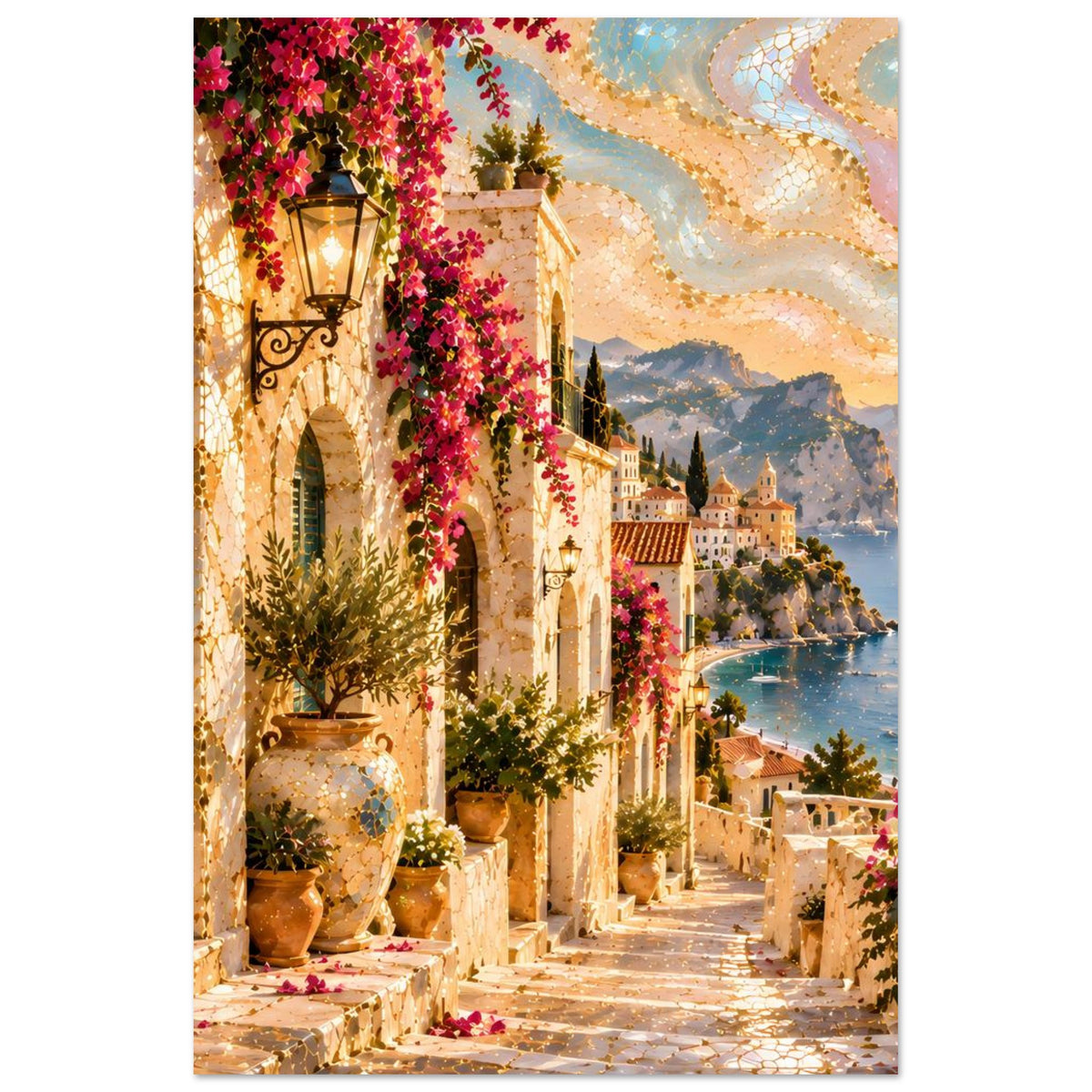 Poster im Hochformat mit mediterraner Gasse, Blumenranken, Laterne, Küste und Berge bei Abendlicht