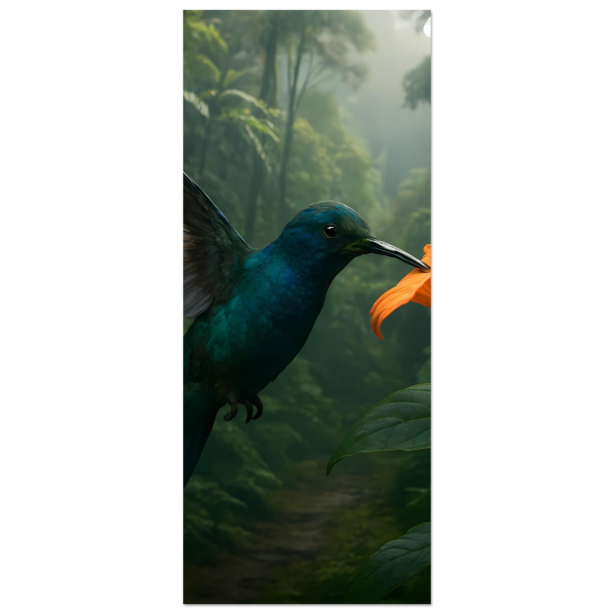 Kolibri-Dschungelposter (Ausschnitt): blauer Kolibri und orangefarbene Blüte vor Grün