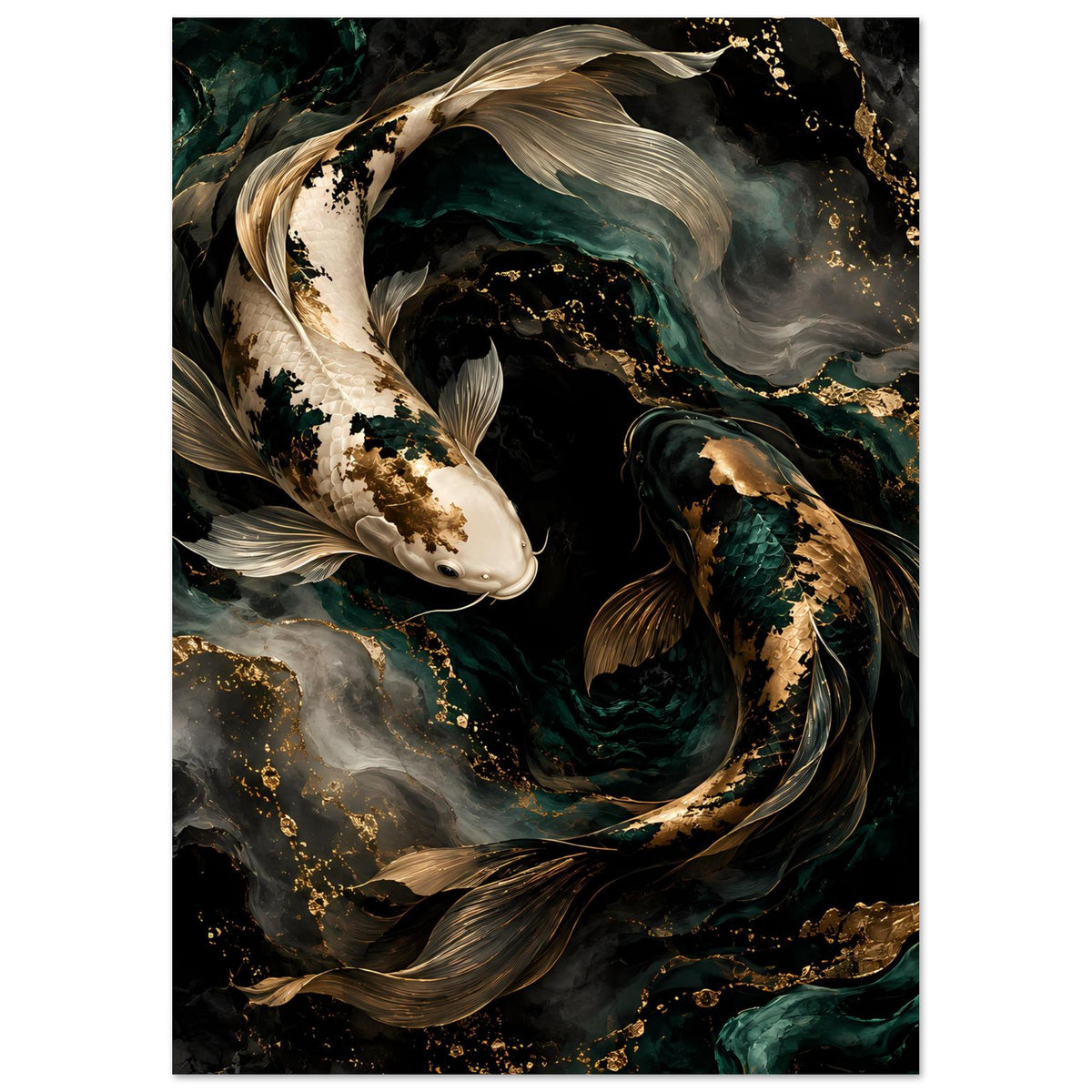 Kunstposter mit zwei Koi-Fischen in Tiefgrün, Gold und Elfenbein, vertikal