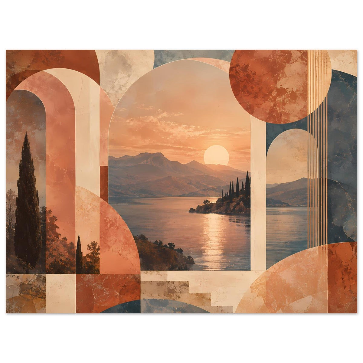 Abstraktes Poster mit Blick auf See, Berge, stilisierte Zypressen und Kreismotive