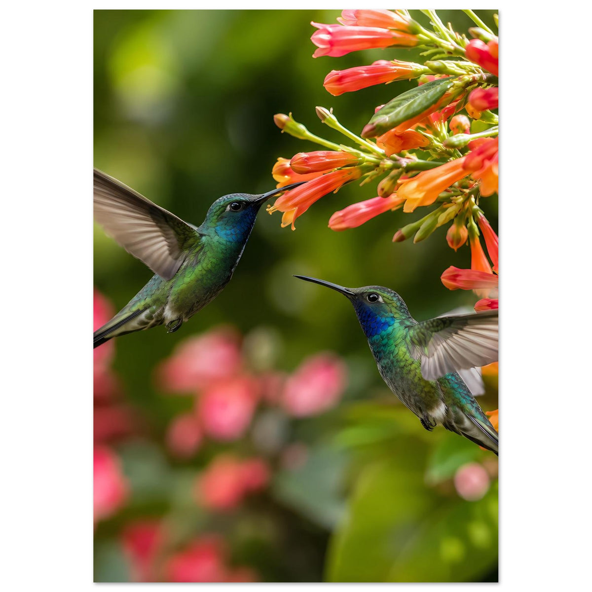 Hochkant-Poster mit zwei Kolibris im Flug an orangefarbenen Blüten