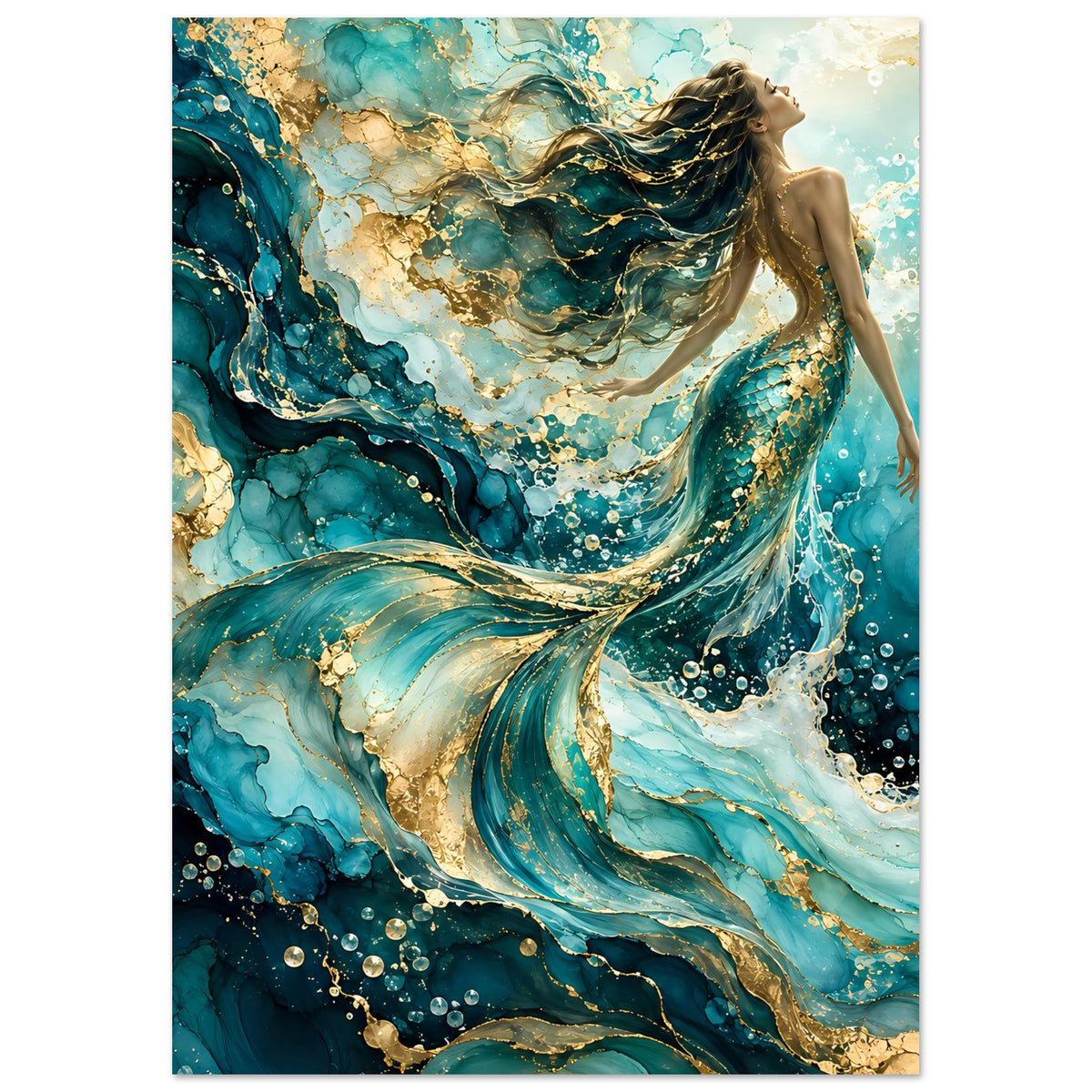 Querformat-Kunstdruck-Poster: Meerjungfrau mit wallendem Haar in türkis-goldenen Wellen
